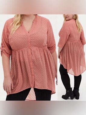 Torrid Dusty Rose Chiffon Swiss Dot Sheer Babydoll Tunic 3X